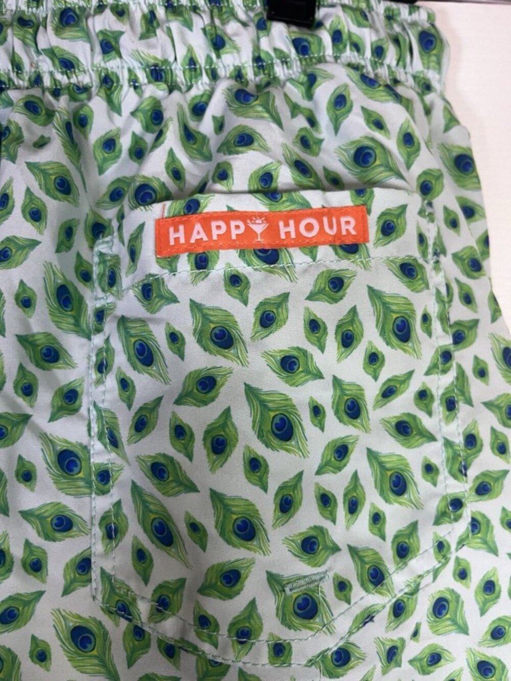 Happy Hour 3.5" Board Swim Shorts Trunks Sz L Peacock Feathers Drawstring Pocket - Picture 4 of 8